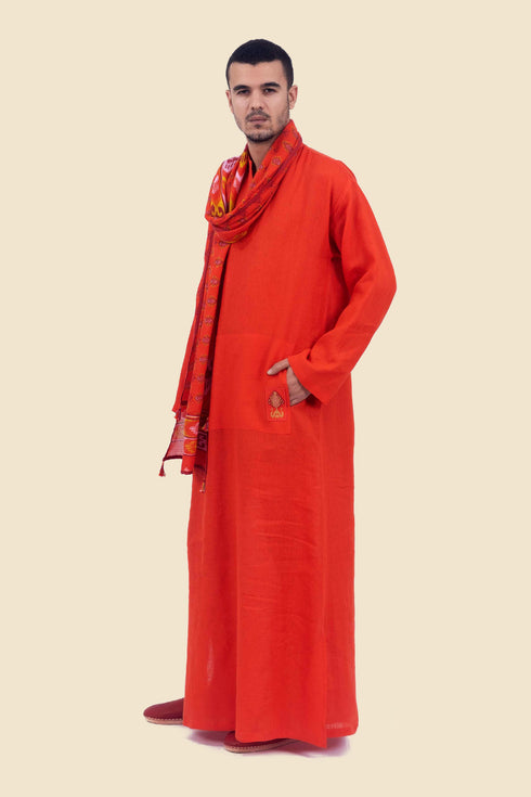 Long jellabiya in linen with high neckline with slit